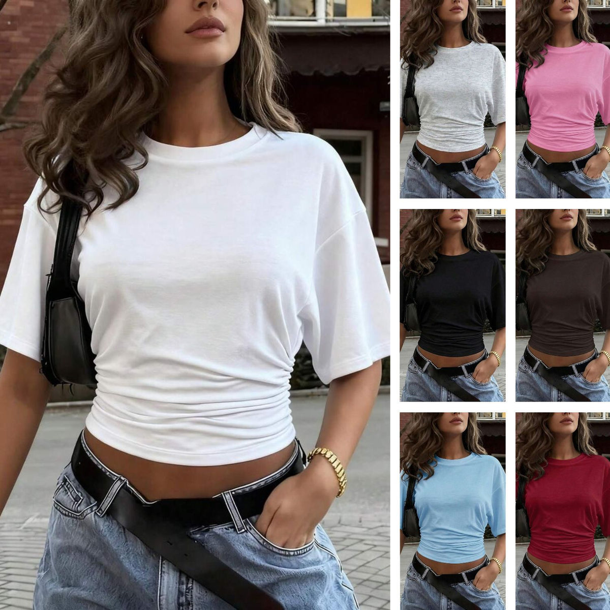 Women's cropped T-shirt with side pleats