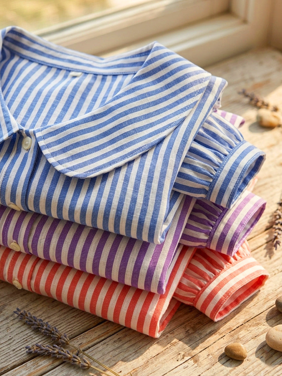 Retro Peter Pan collar striped cotton-linen shirt