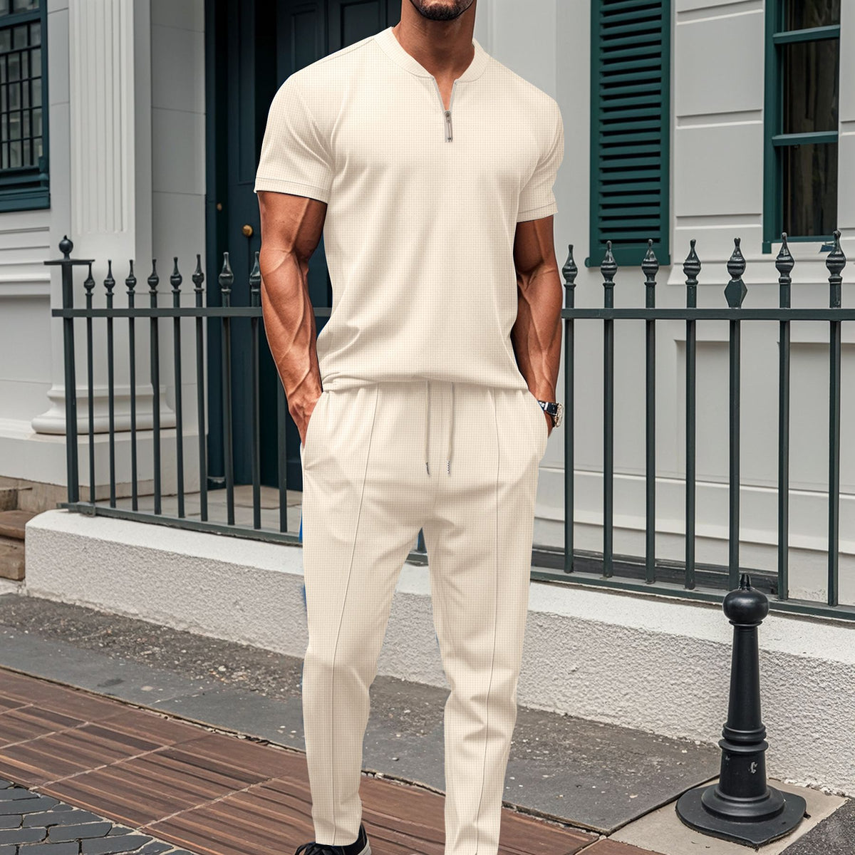 Men's Quarter-Zip Two-Piece Set - Casual Short Sleeve & Jogger Co-Ord