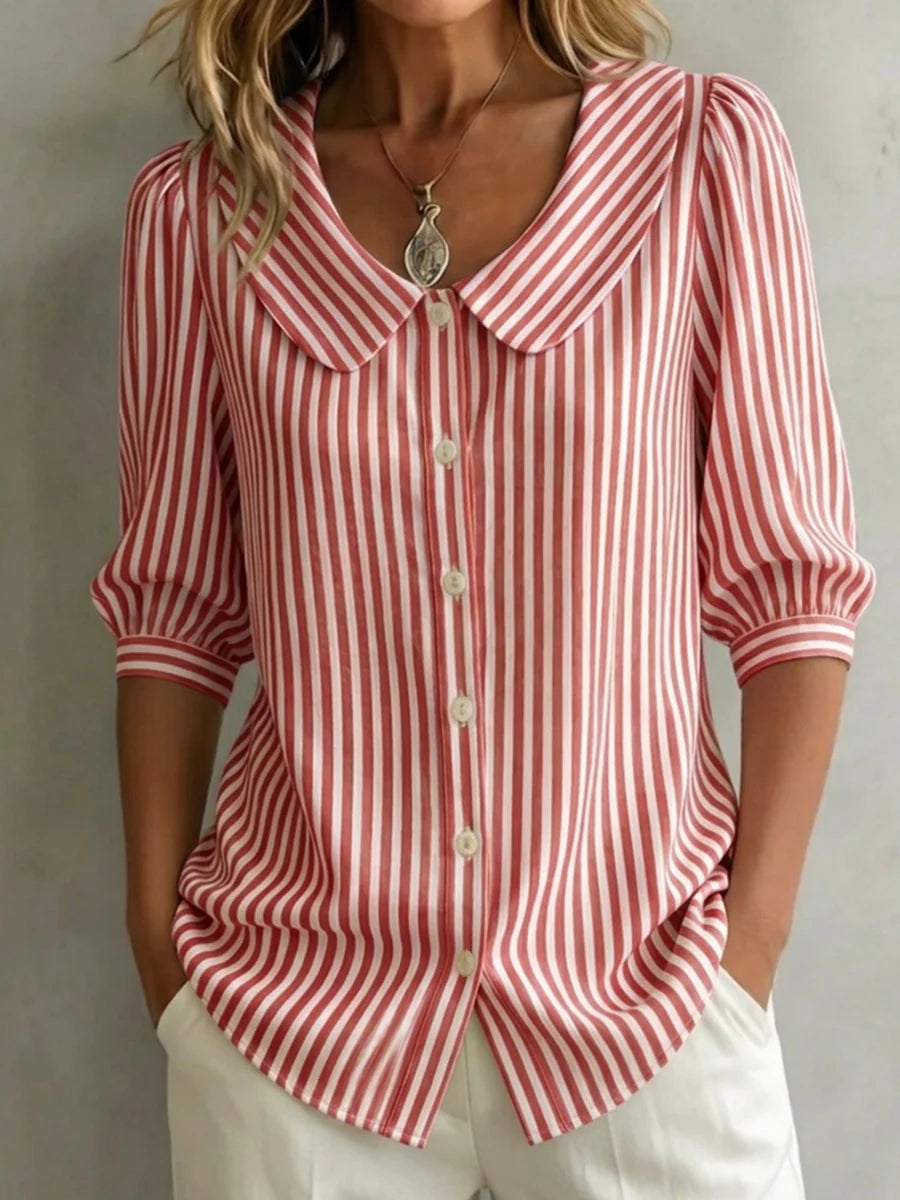 Retro Peter Pan collar striped cotton-linen shirt