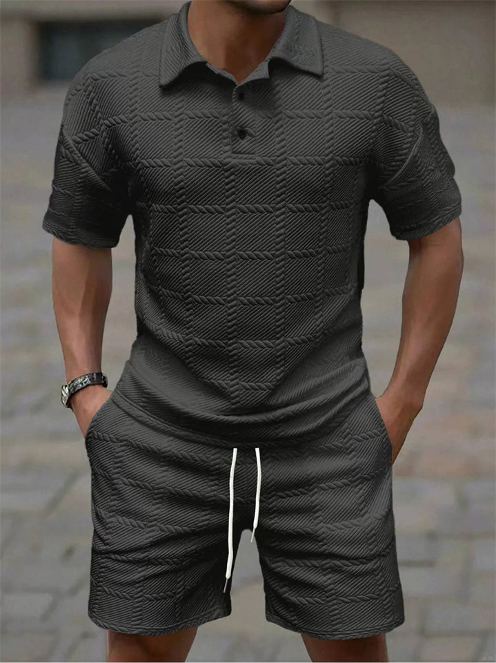 Men's Casual Summer Holiday Style 2 Piece Textured Knit Polo Short Outfits