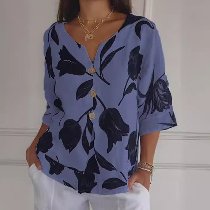 Printed cotton linen V-neck short-sleeved pullover shirt