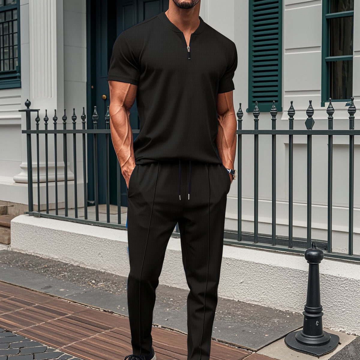Men's Quarter-Zip Two-Piece Set - Casual Short Sleeve & Jogger Co-Ord