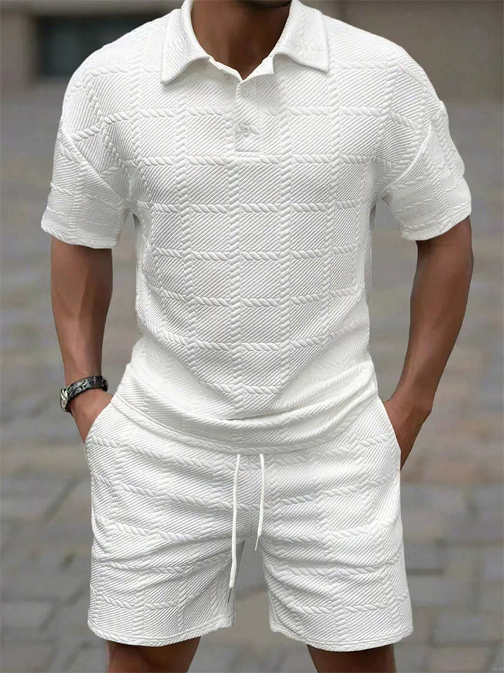 Men's Casual Summer Holiday Style 2 Piece Textured Knit Polo Short Outfits
