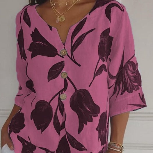 Printed cotton linen V-neck short-sleeved pullover shirt