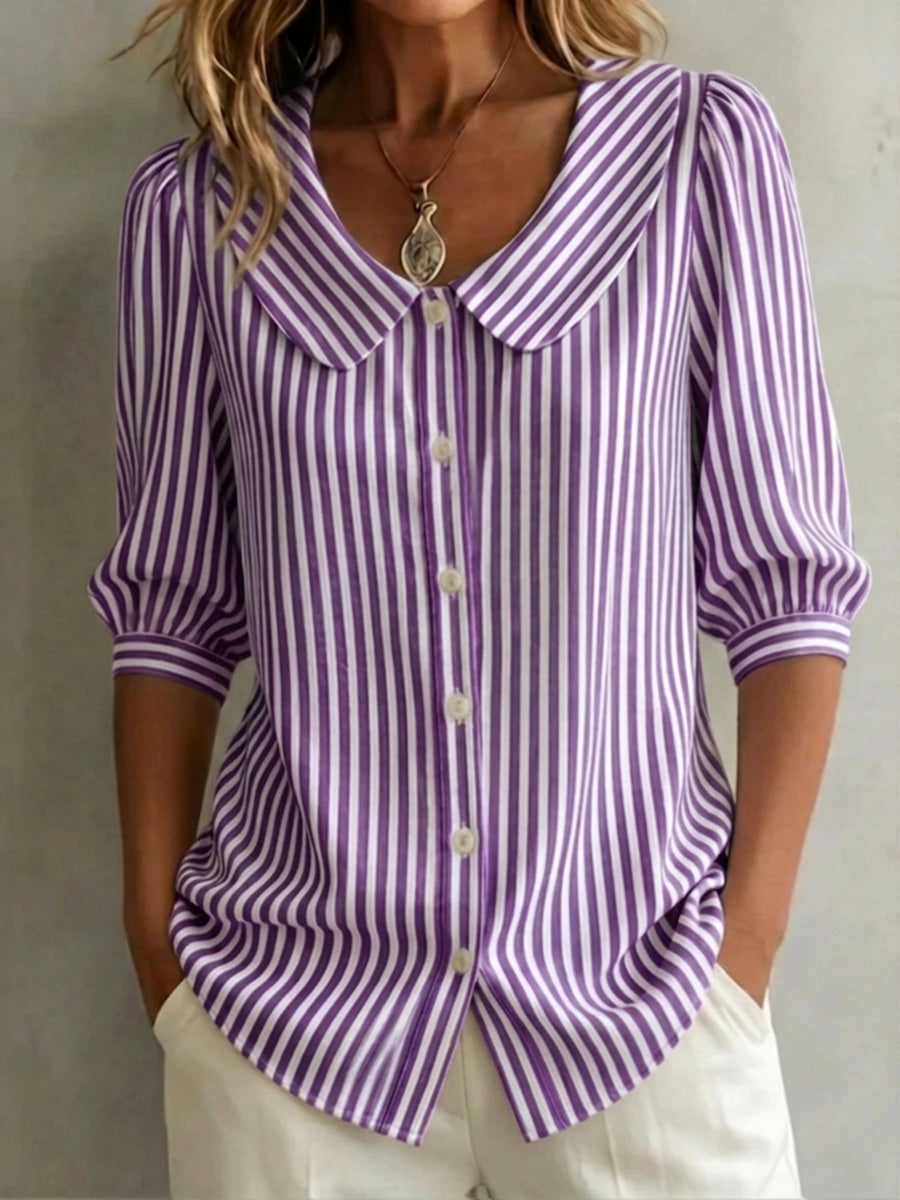 Retro Peter Pan collar striped cotton-linen shirt