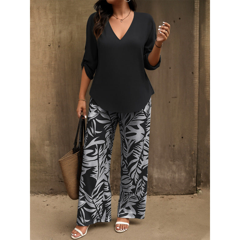 Casual V-neck long-sleeved printed women's suit