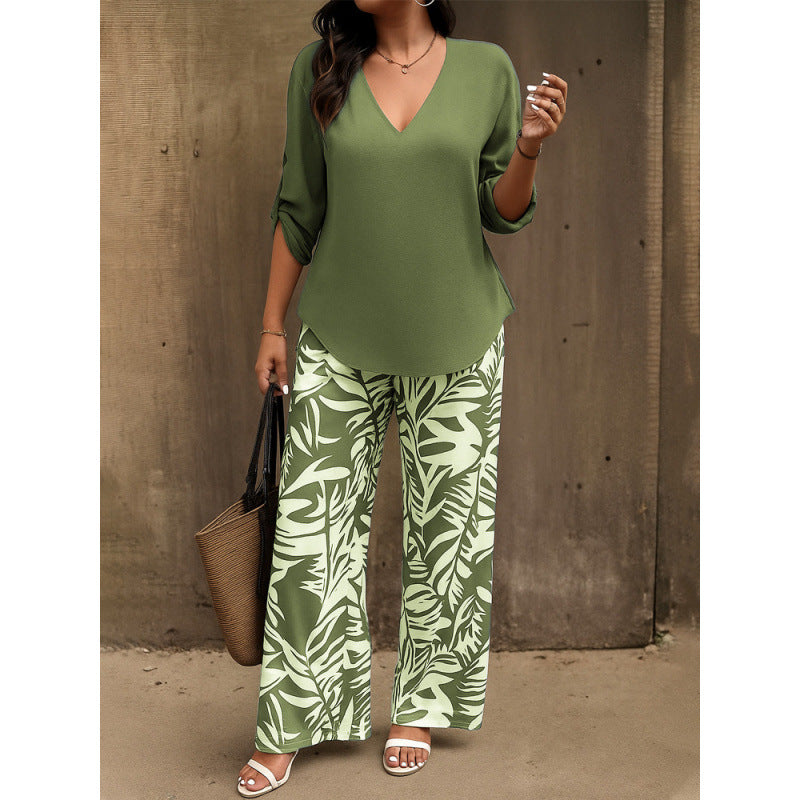 Casual V-neck long-sleeved printed women's suit