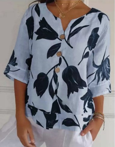 Printed cotton linen V-neck short-sleeved pullover shirt