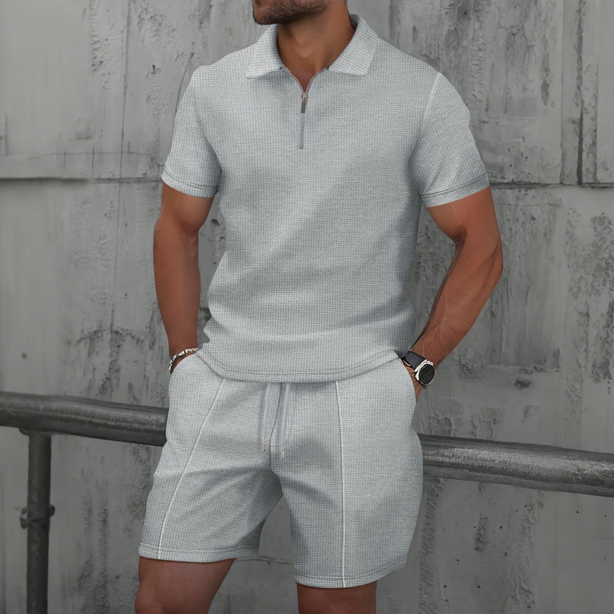 Men’s Half-Zip Polo Shirt & Drawstring Shorts Textured 2-Piece Set