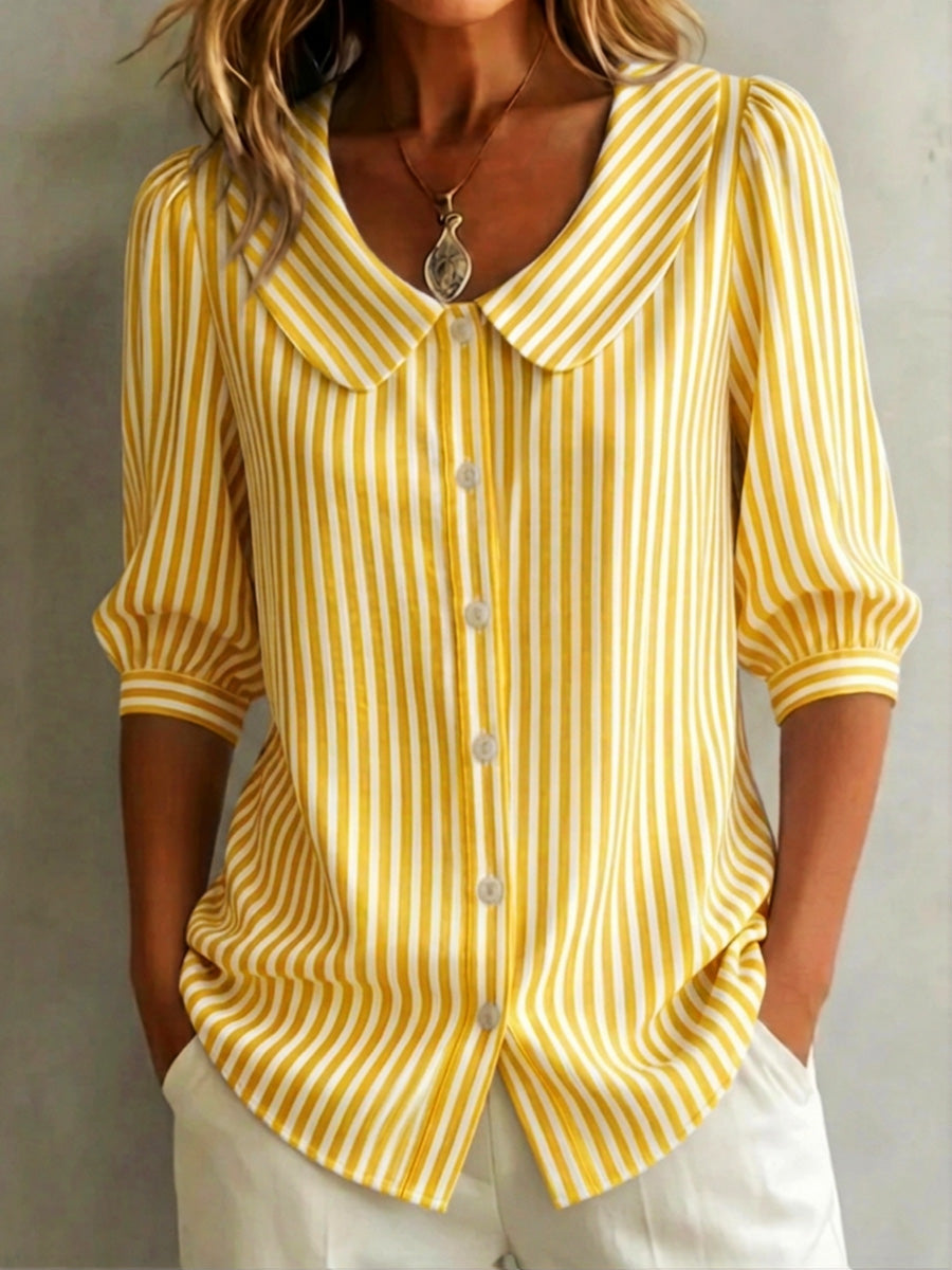 Retro Peter Pan collar striped cotton-linen shirt