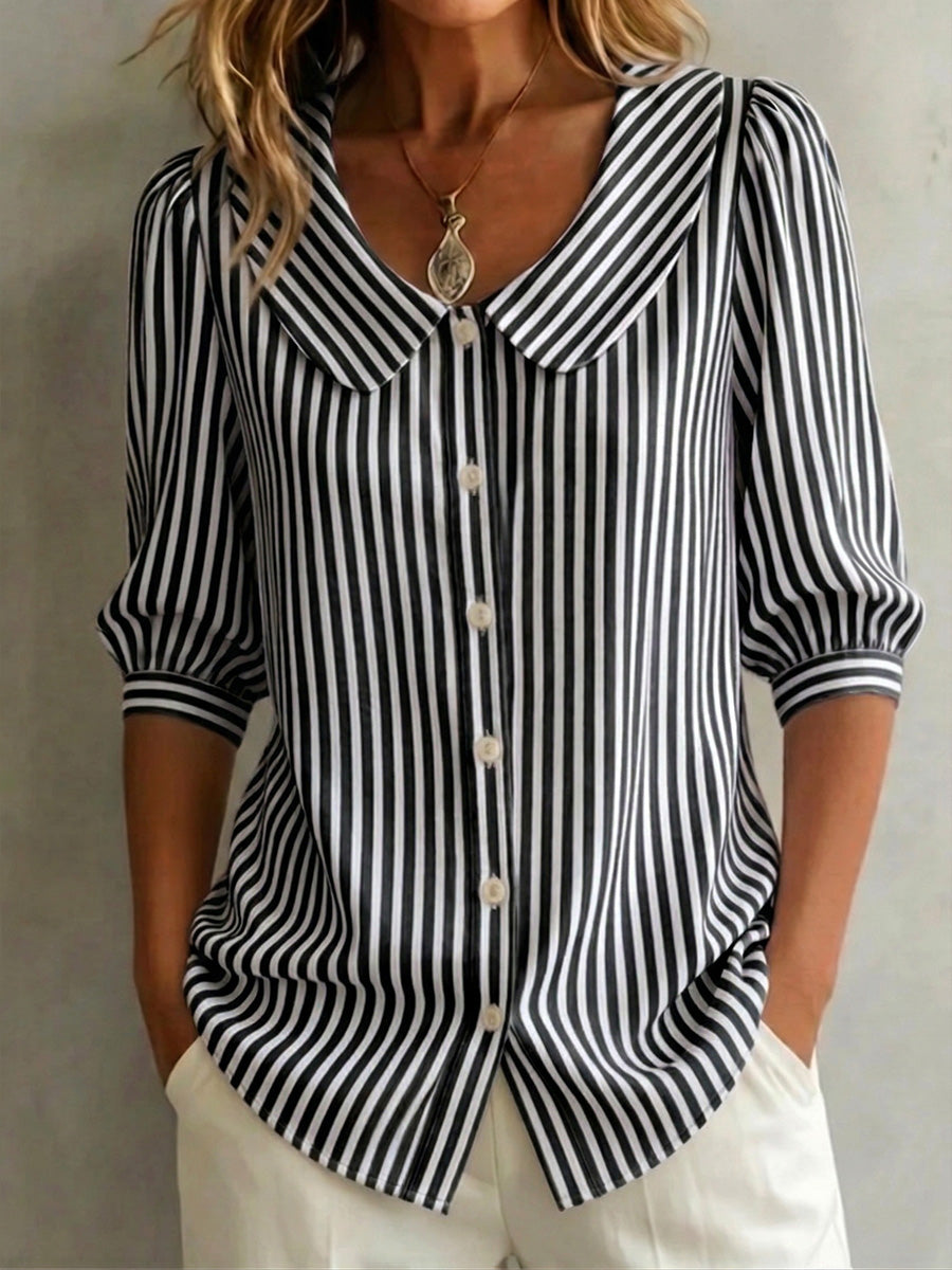 Retro Peter Pan collar striped cotton-linen shirt