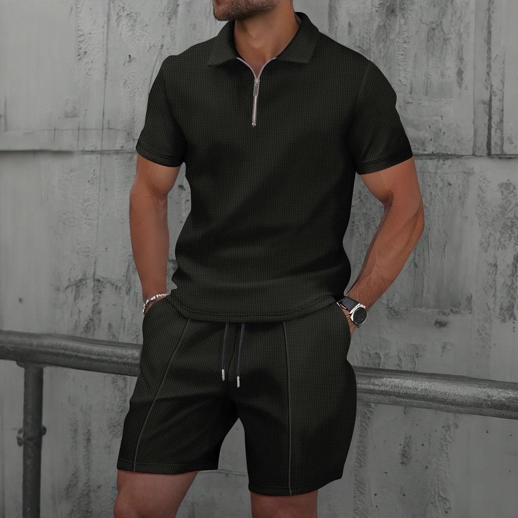 Solid Color Zippered Men's Polo Shorts Casual Suit