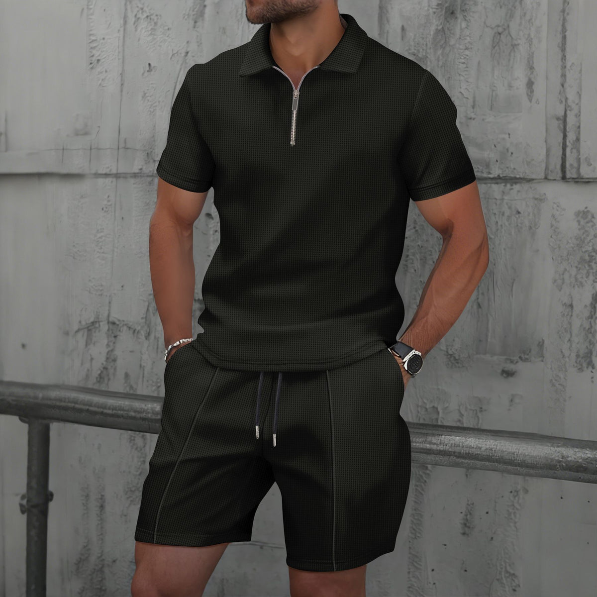 Solid Color Zippered Men's Polo Shorts Casual Suit