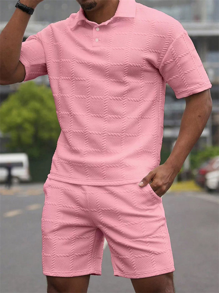 Men's Casual Summer Holiday Style 2 Piece Textured Knit Polo Short Outfits
