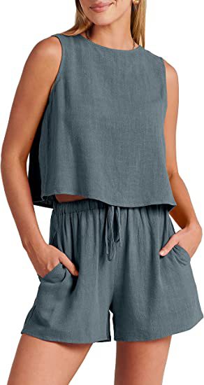 New women's casual sleeveless solid color loose high-waisted shorts two-piece set