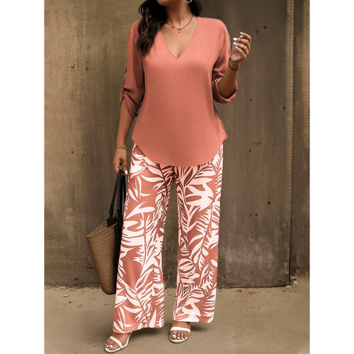 Casual V-neck long-sleeved printed women's suit