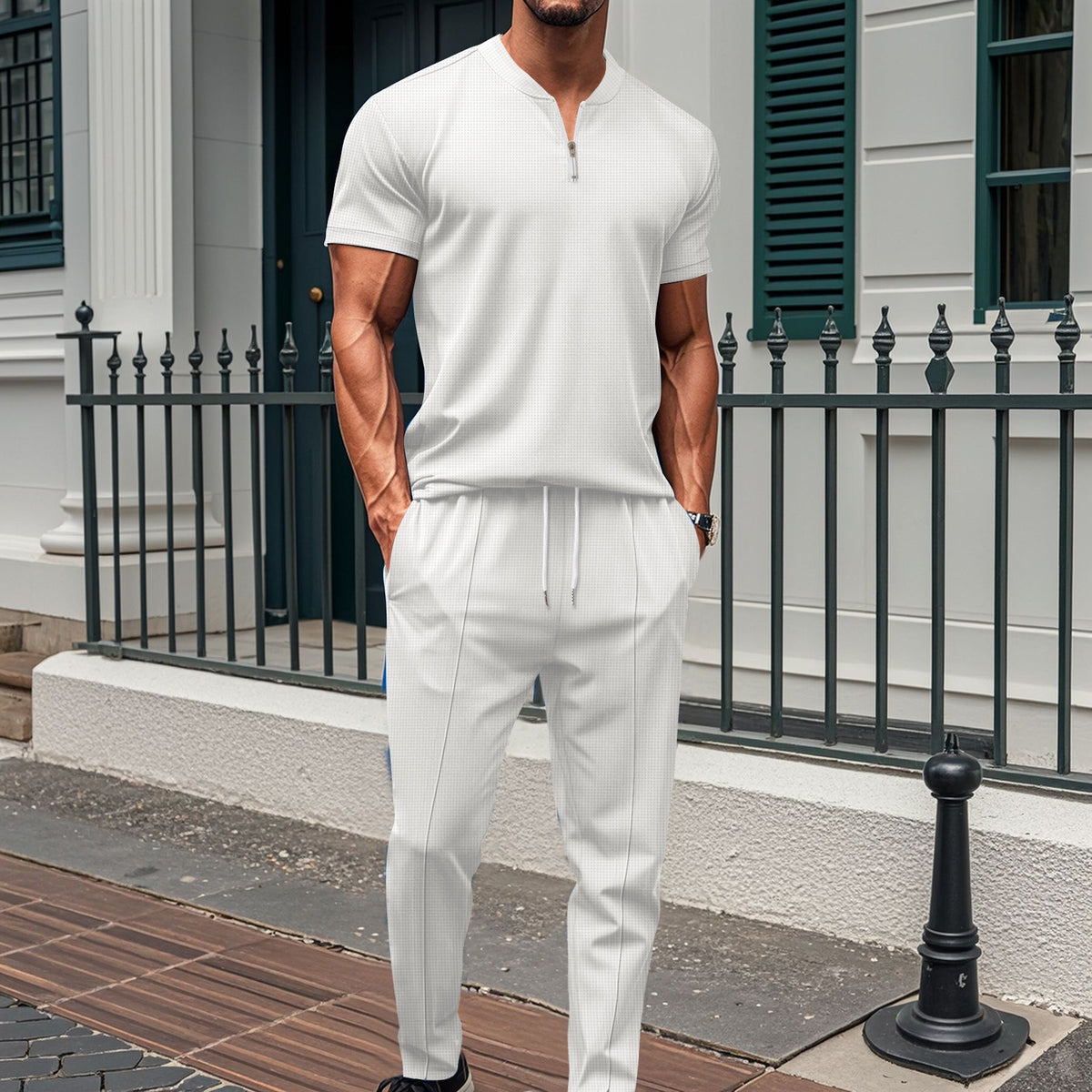 Men's Quarter-Zip Two-Piece Set - Casual Short Sleeve & Jogger Co-Ord