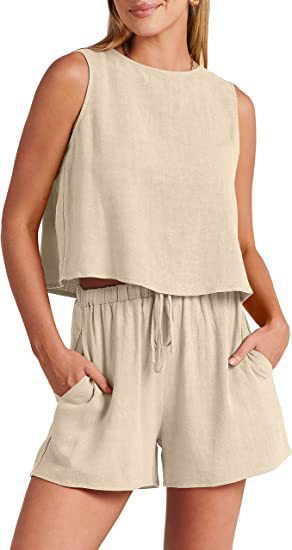 New women's casual sleeveless solid color loose high-waisted shorts two-piece set