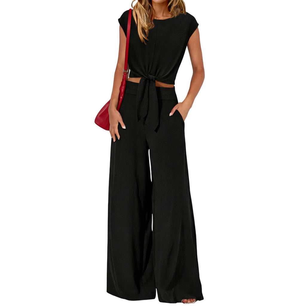 👗 50% OFF NOW! 🌿 Women's V-Neck Tie-Front Top & Wide-Leg Pants Set – Breathable Linen, Flattering Fit & Versatile Style ✨