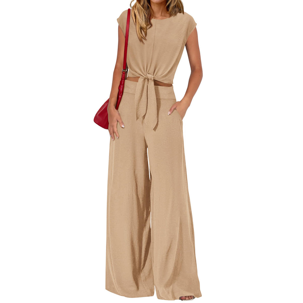 👗 50% OFF NOW! 🌿 Women's V-Neck Tie-Front Top & Wide-Leg Pants Set – Breathable Linen, Flattering Fit & Versatile Style ✨