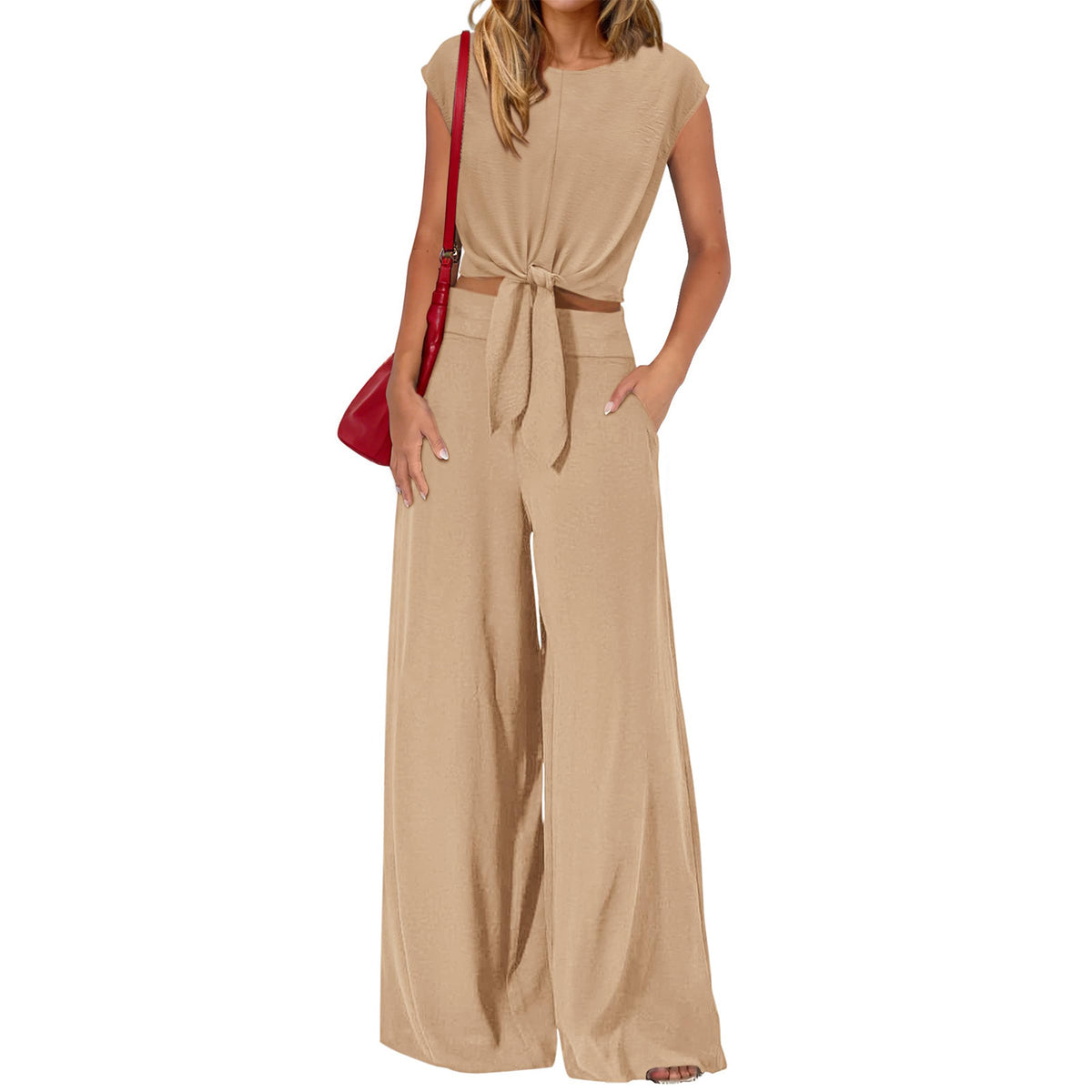 👗 50% OFF NOW! 🌿 Women's V-Neck Tie-Front Top & Wide-Leg Pants Set – Breathable Linen, Flattering Fit & Versatile Style ✨