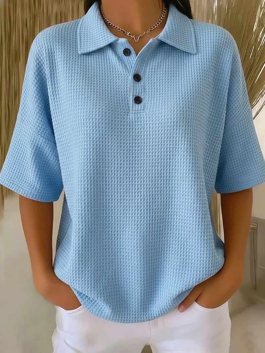 🔥Casual Loose-fitting Waffle Knit T-shirt with Shawl Collar