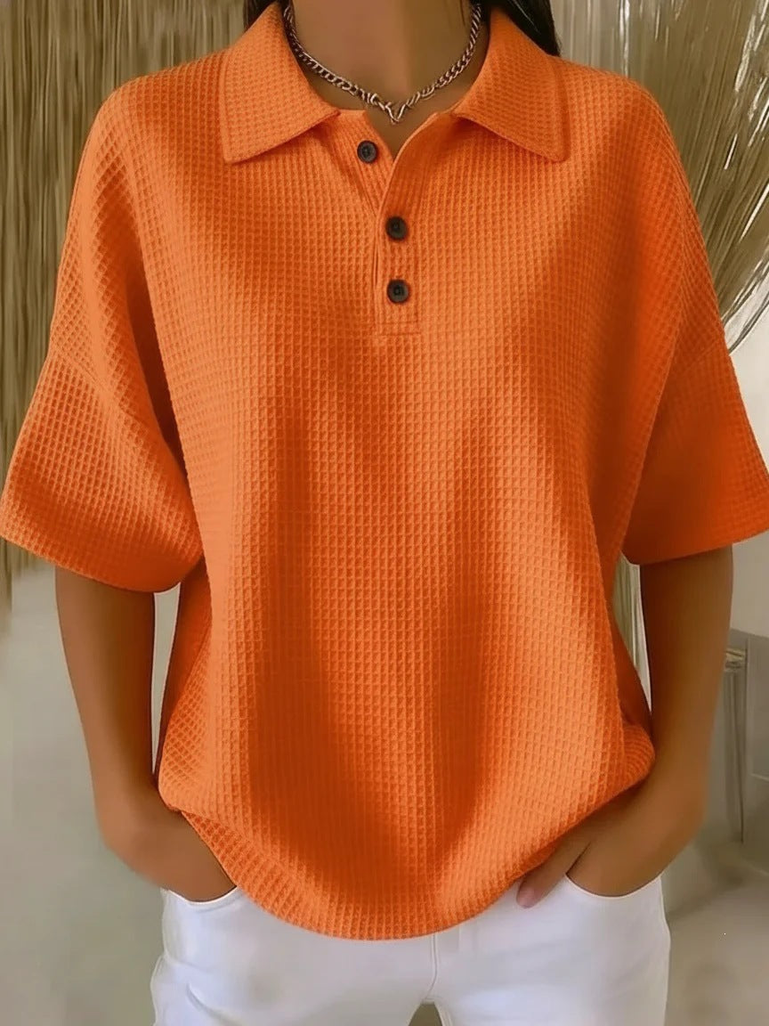 🔥Casual Loose-fitting Waffle Knit T-shirt with Shawl Collar