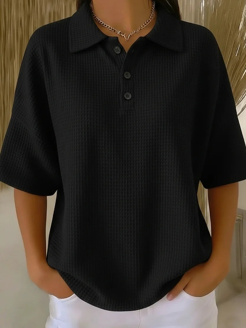 🔥Casual Loose-fitting Waffle Knit T-shirt with Shawl Collar