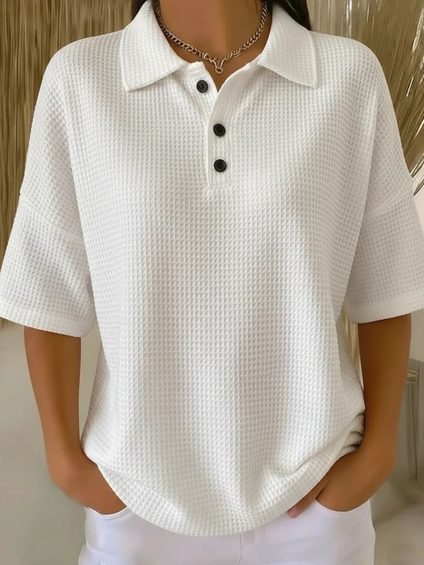 🔥Casual Loose-fitting Waffle Knit T-shirt with Shawl Collar