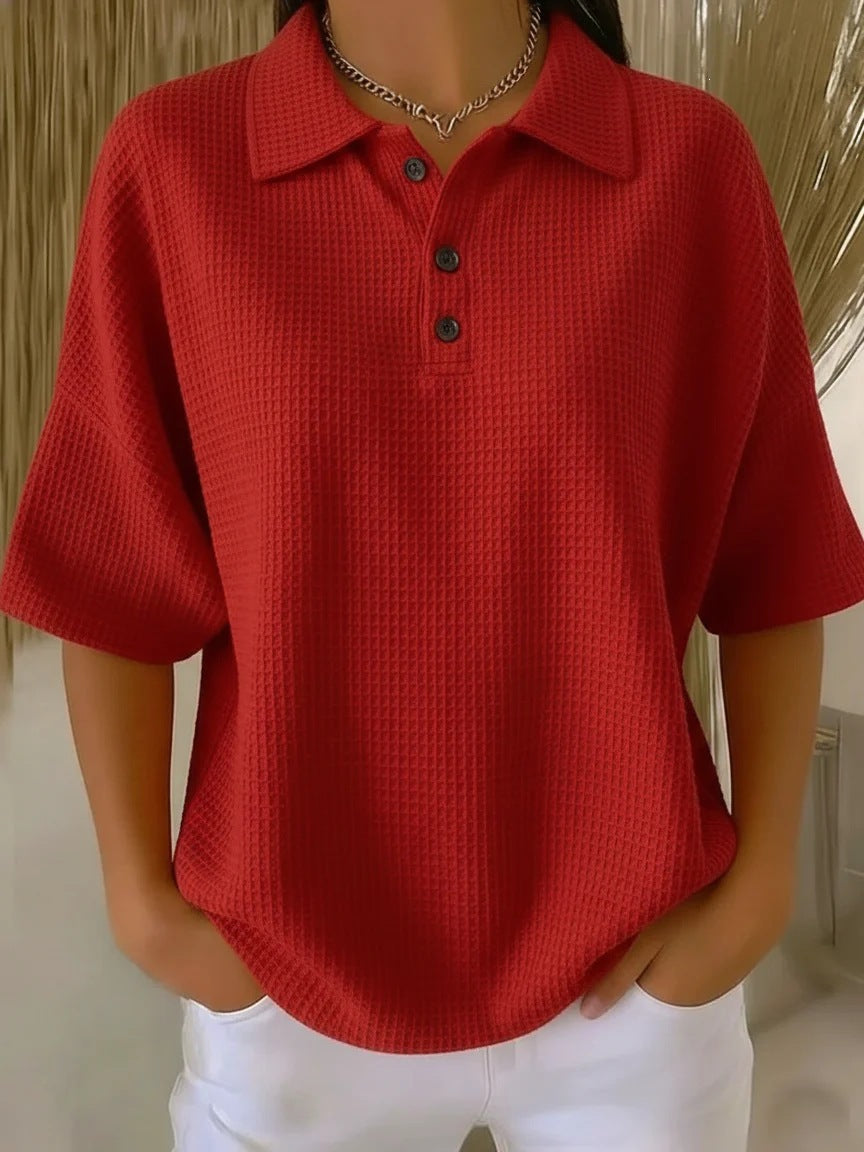 🔥Casual Loose-fitting Waffle Knit T-shirt with Shawl Collar