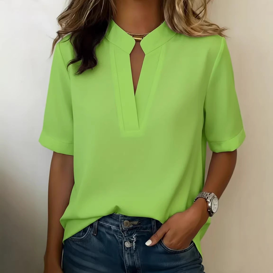 Summer casual solid color V-neck loose shirt