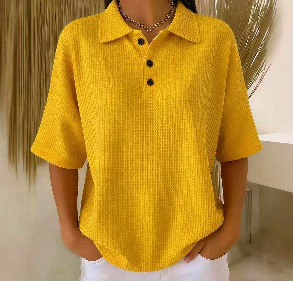🔥Casual Loose-fitting Waffle Knit T-shirt with Shawl Collar