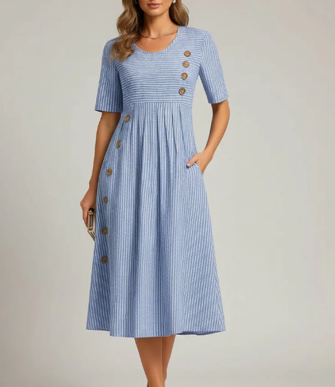 Women's Linen Blend Button-Detail Midi Dress
