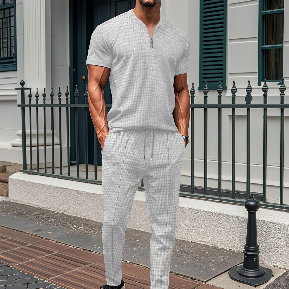 Men's Quarter-Zip Two-Piece Set - Casual Short Sleeve & Jogger Co-Ord