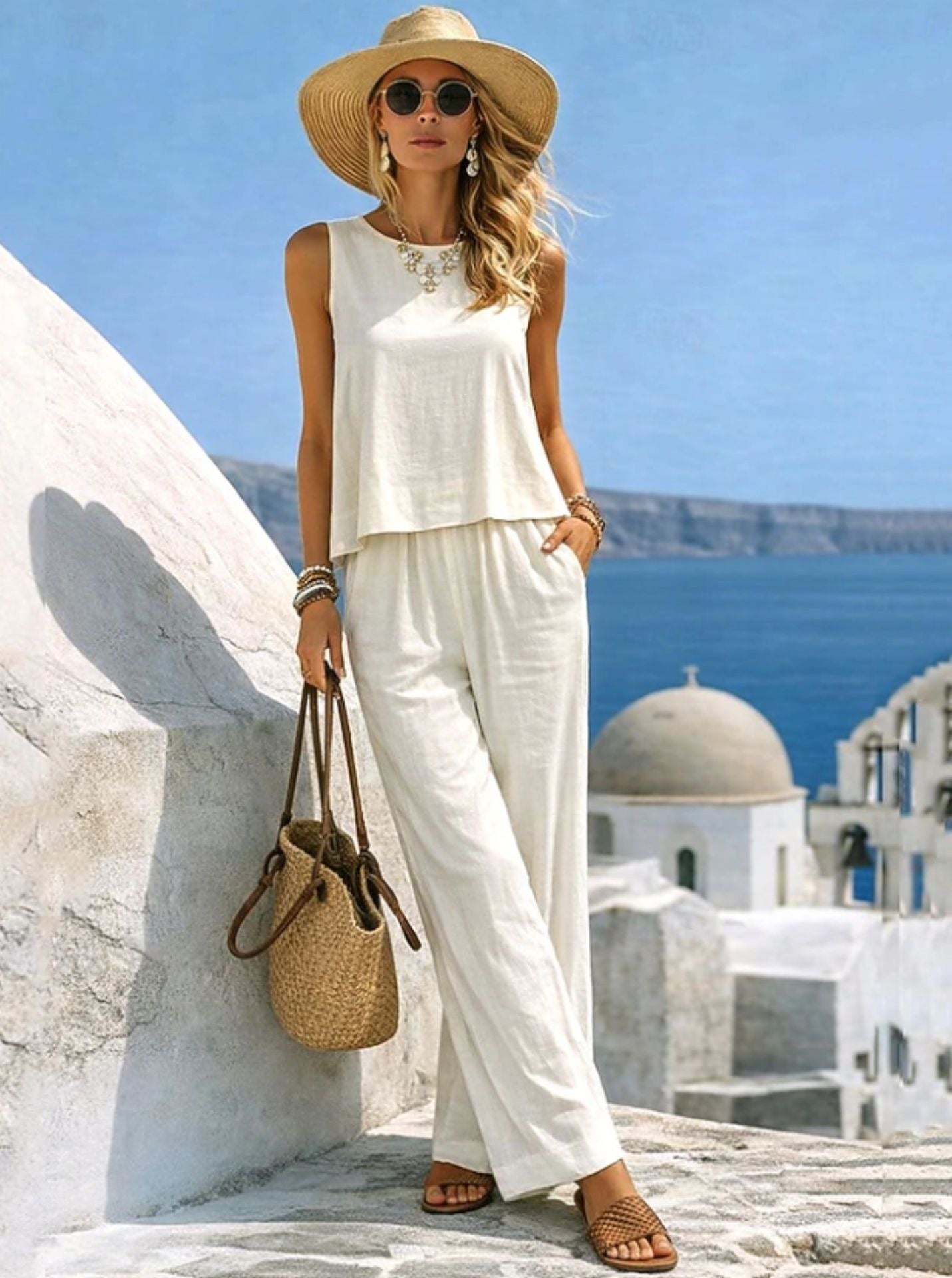 Women's Casual Cotton Linen Vest and Pants Set