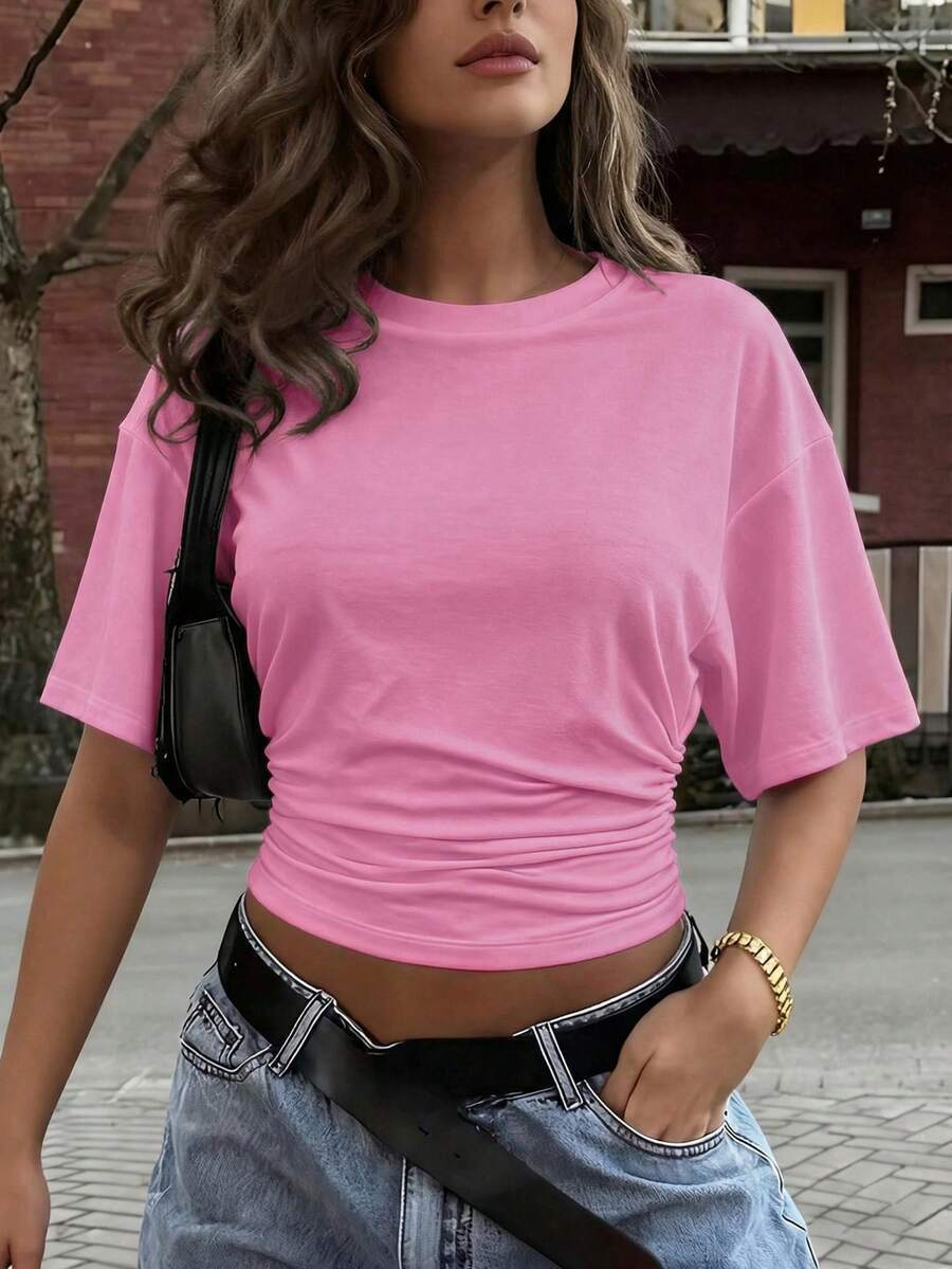Women's cropped T-shirt with side pleats