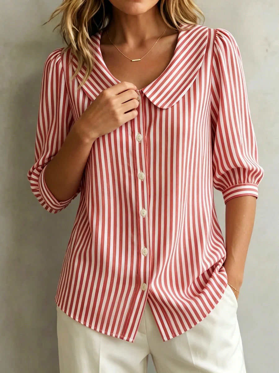 Retro Peter Pan collar striped cotton-linen shirt