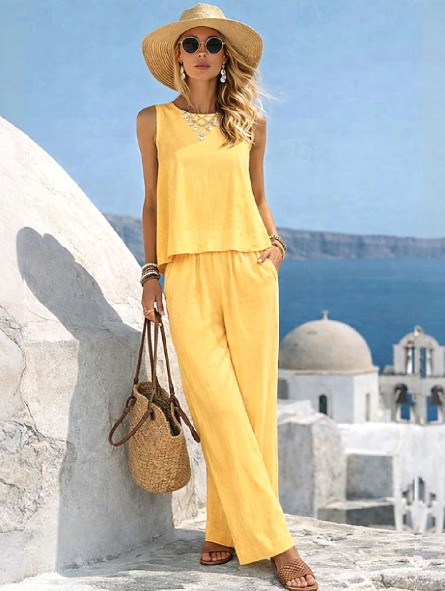 Women's Casual Cotton Linen Vest and Pants Set