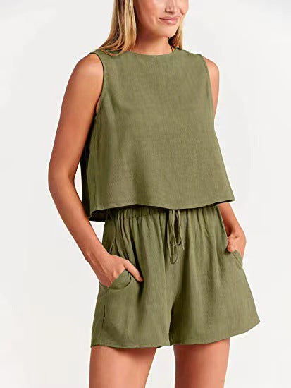 New women's casual sleeveless solid color loose high-waisted shorts two-piece set