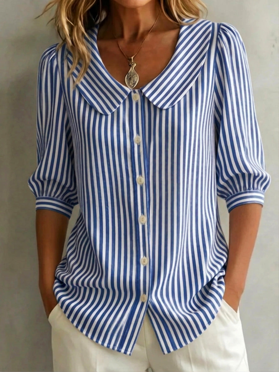 Retro Peter Pan collar striped cotton-linen shirt