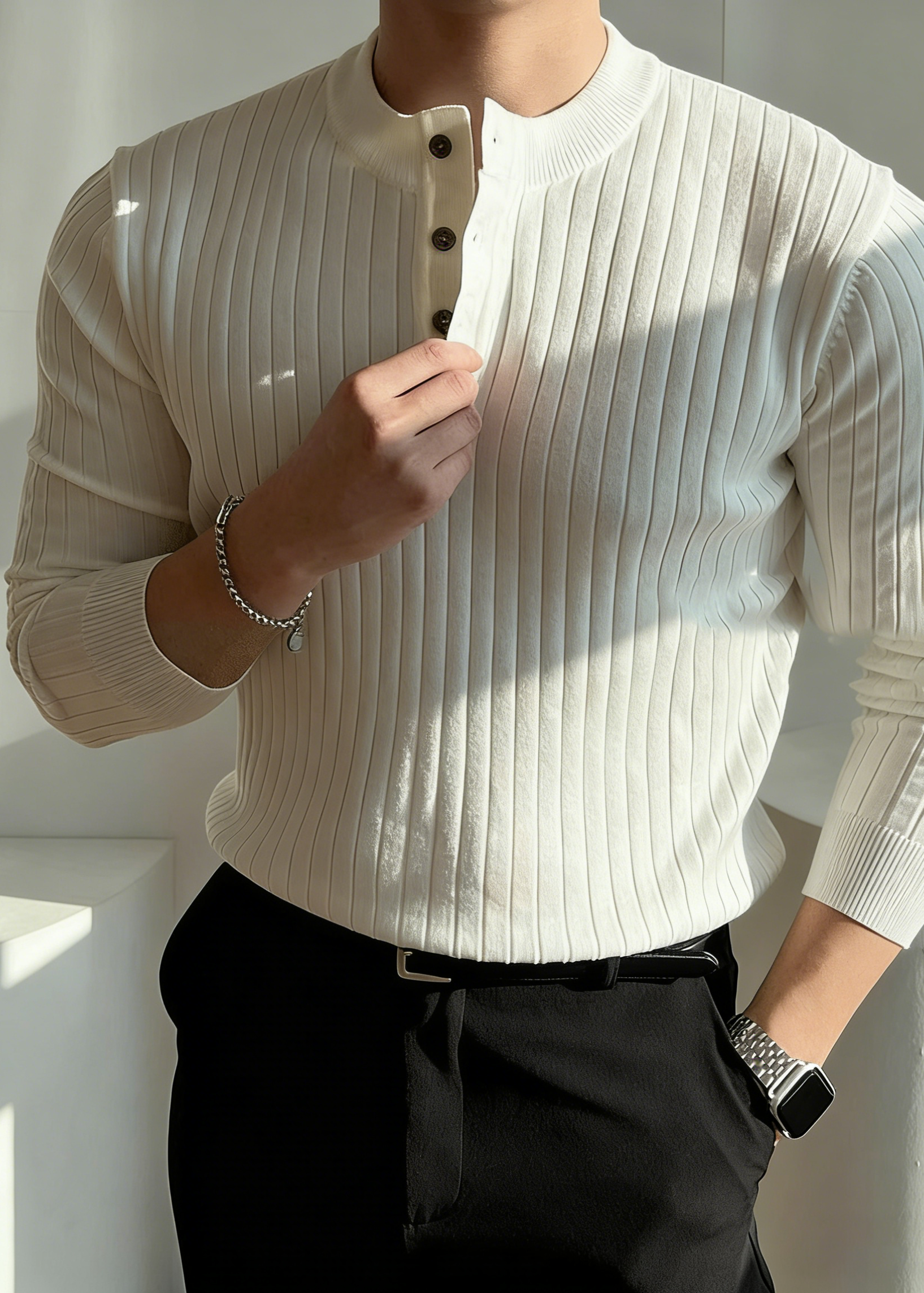 Men’s Ribbed Henley Knit Shirt – Slim Fit Muscle Long Sleeve Casual Sweater