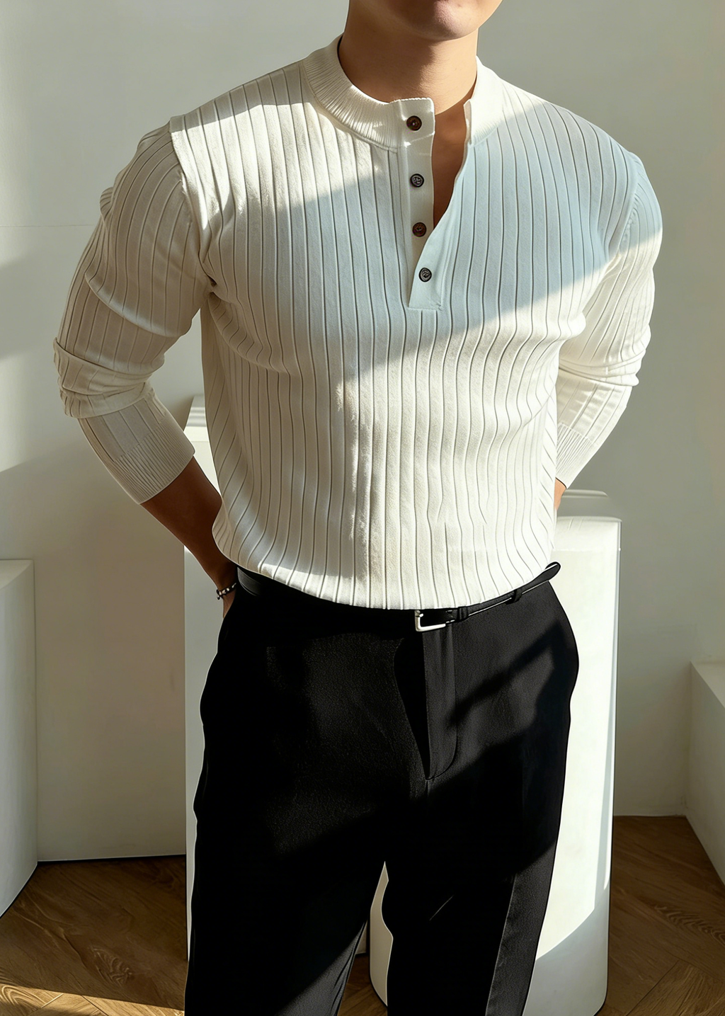 Men’s Ribbed Henley Knit Shirt – Slim Fit Muscle Long Sleeve Casual Sweater
