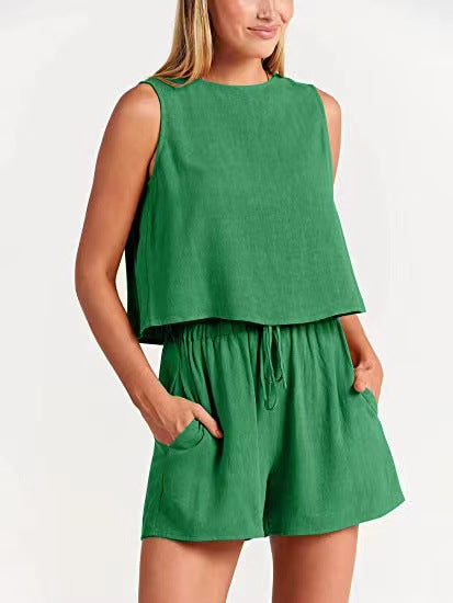 New women's casual sleeveless solid color loose high-waisted shorts two-piece set
