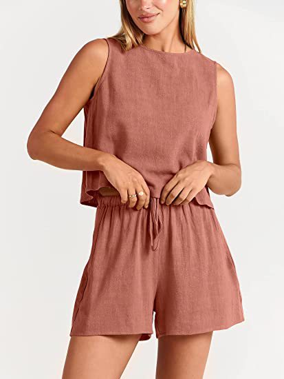 New women's casual sleeveless solid color loose high-waisted shorts two-piece set