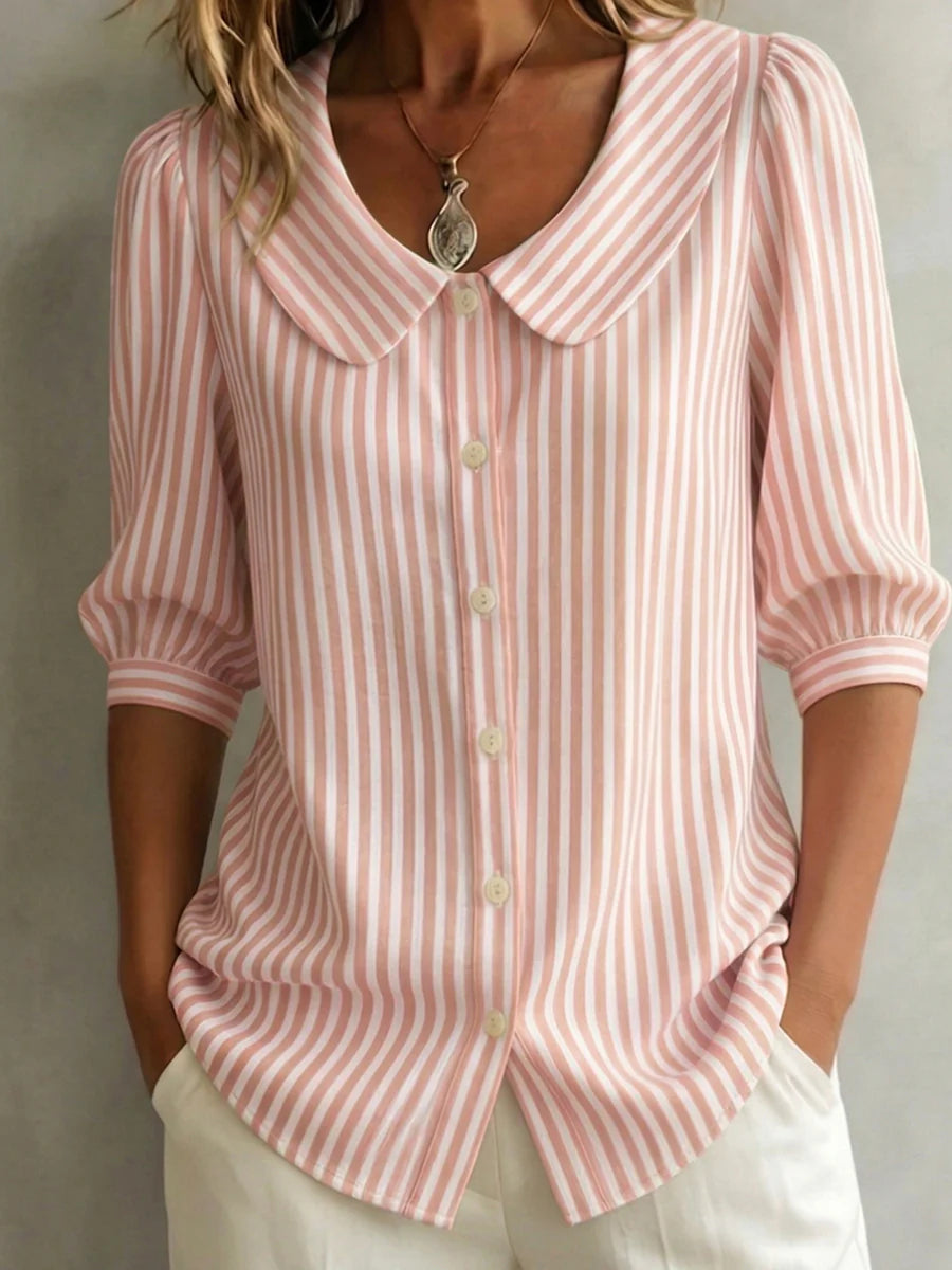 Retro Peter Pan collar striped cotton-linen shirt