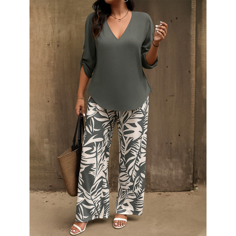 Casual V-neck long-sleeved printed women's suit