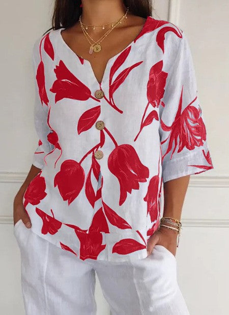 Printed cotton linen V-neck short-sleeved pullover shirt