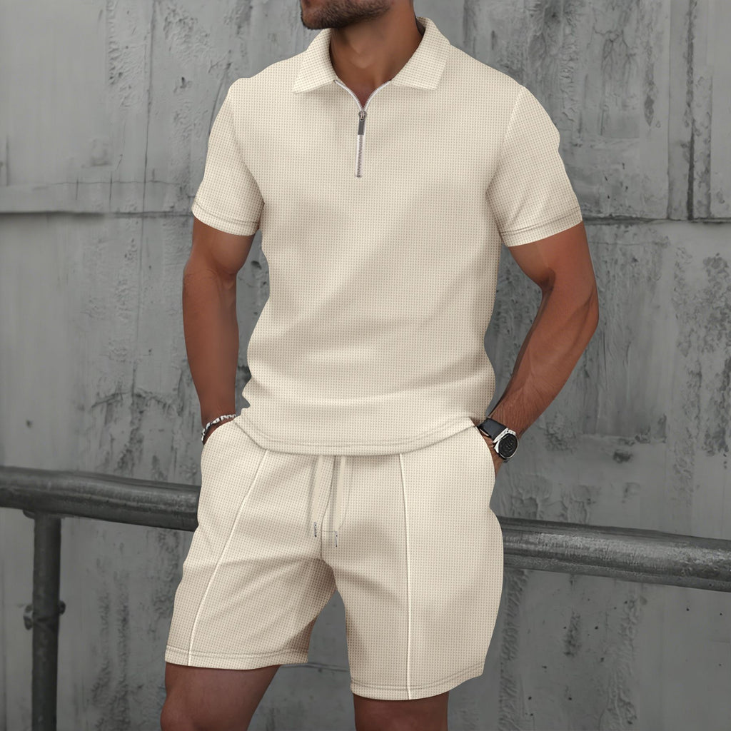 Solid Color Zippered Men's Polo Shorts Casual Suit