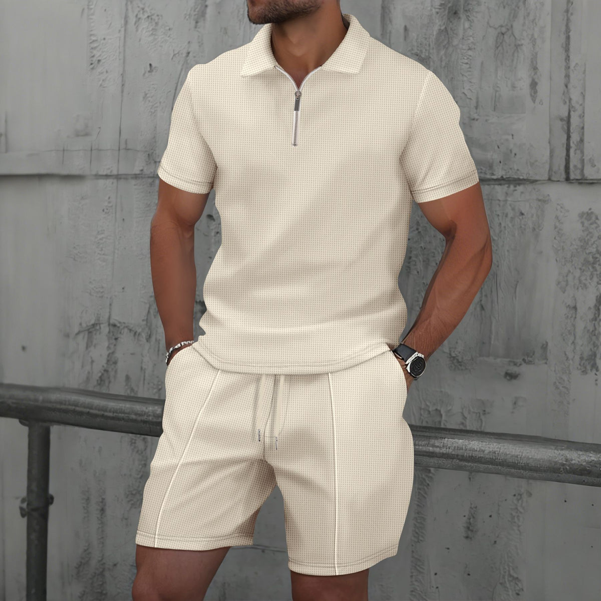Solid Color Zippered Men's Polo Shorts Casual Suit